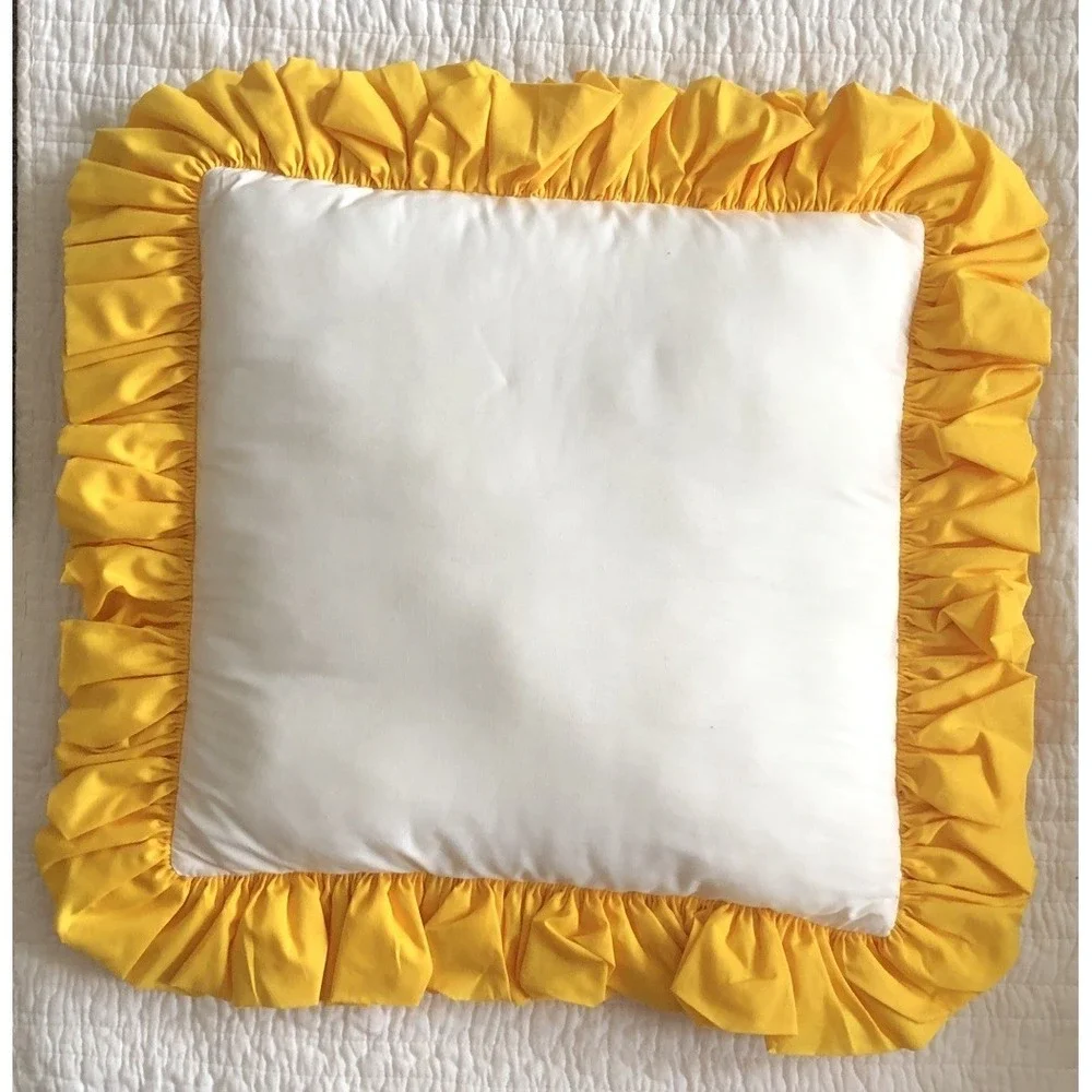 Vtg Quilted Cross Stitch Cream Yellow Floral Pillow Double Wide Ruffle 15x15